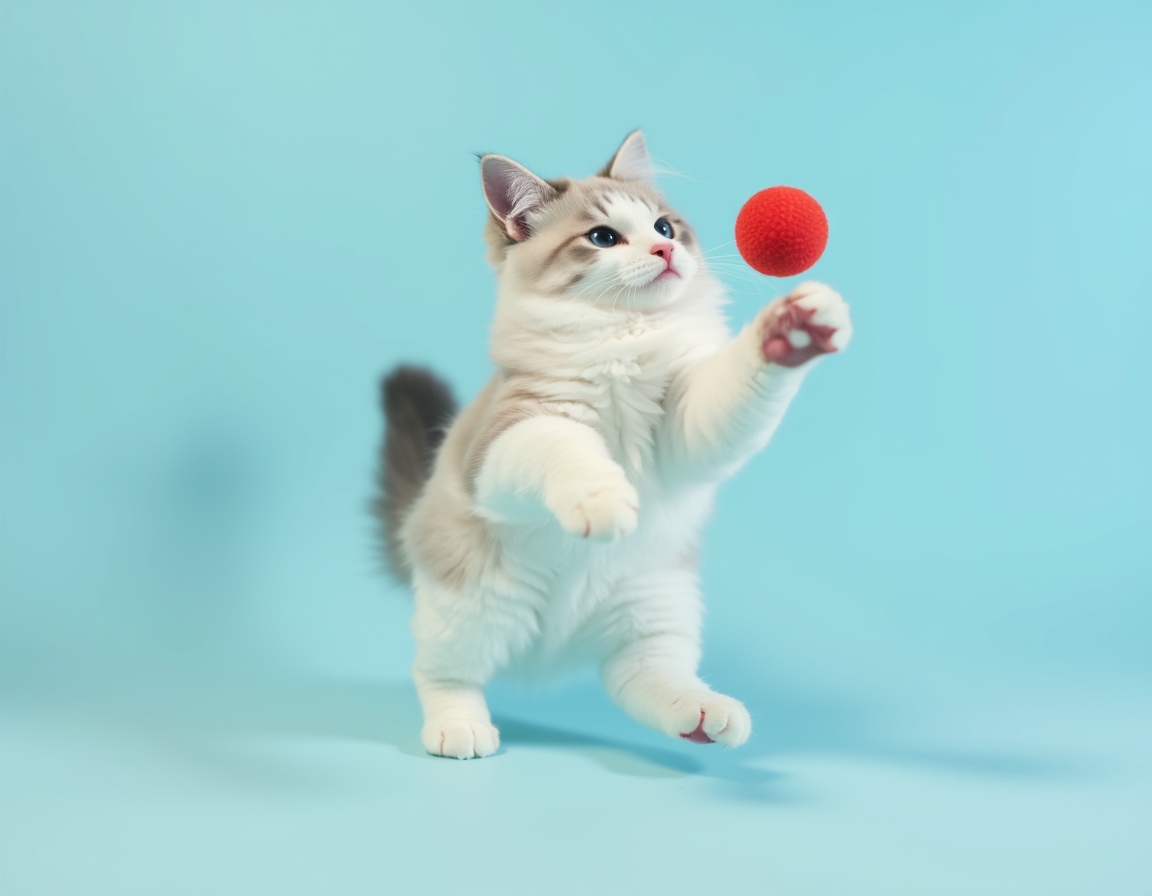 Playful studio photo of cat interacting with a bright red ball. The cat is mid-action with its paw raised, and the pastel blue background and balanced lighting create a cheerful, vibrant atmosphere that highlights the cat’s agility and energy.
